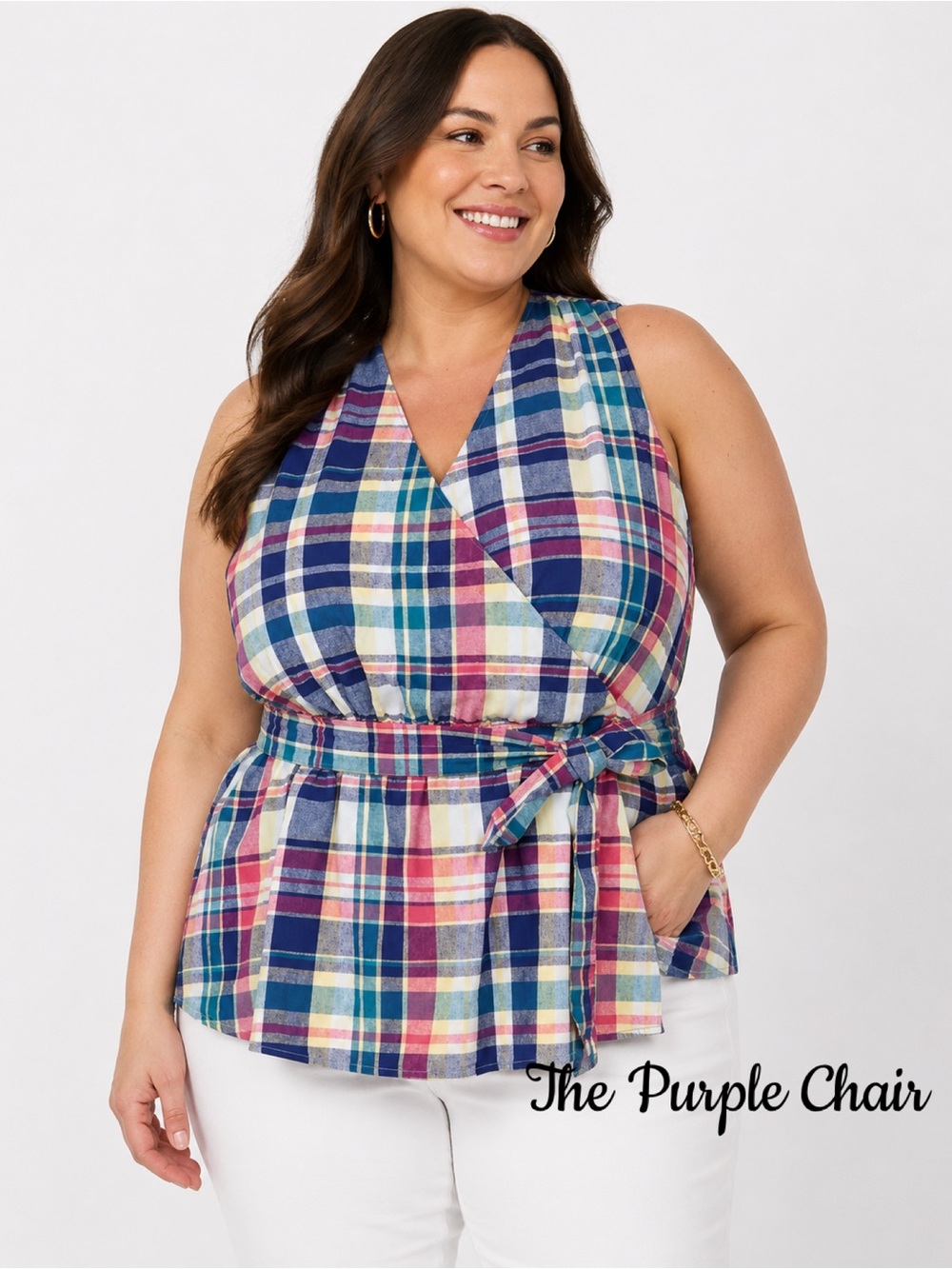 LANE BRYANT NWT Sleeveless Surplice-Neck Belted Top *Sara Plaid 14
